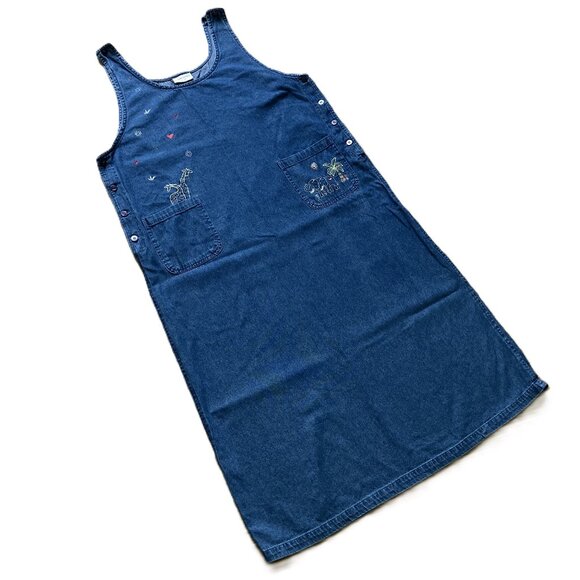 Denim Chambray Maxi Dress Jumper Noah's Ark Embroidery 90s Cotton Casual XL - Picture 1 of 8